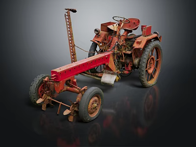 Vintage Red Tractor With Mechanical Frame And Large Wheels On Dark Background 3d model