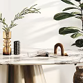 Elegant Modern Marble Dining Table With Vase Greenery Decorative Items And Large Potted Plant
