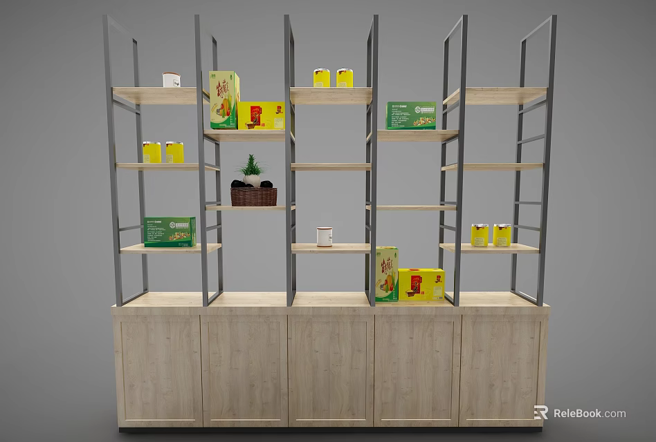 Wooden Decorative Cabinet With Metal Frame Multiple Shelves Yellow Green Boxes And Small Plant 3d model 