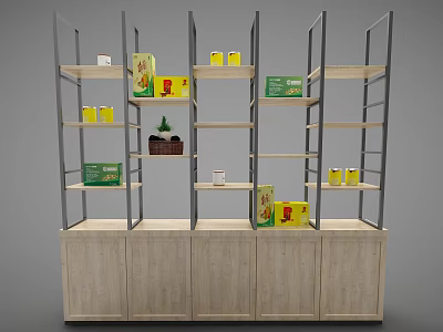 Wooden Decorative Cabinet With Metal Frame Multiple Shelves Yellow Green Boxes And Small Plant 3d model