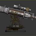 Vintage Metal Telescope Viewing Scenic Natural Landscape With Distant Hills And Clear Sky