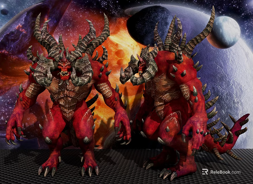 Red Demon Game Movie Characters With Horns Claws Spikes And Cosmic Flaming Background 3d model 