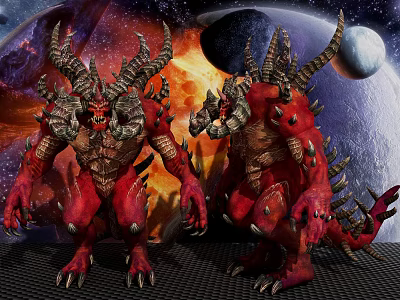 Red Demon Game Movie Characters With Horns Claws Spikes And Cosmic Flaming Background 3d model