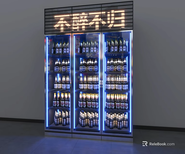 Beverage Display Refrigerator Filled with Bottled Drinks and LED Lighting for Commercial Use 3d model