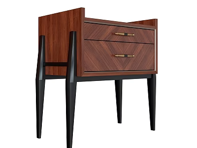 Wooden Finish Bedside Table With Two Drawers And Metal Handles On Black Legs 3d model
