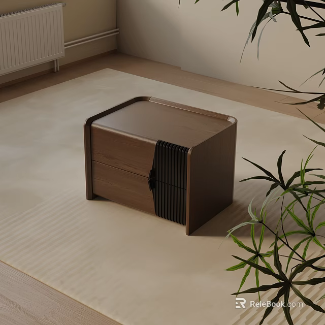 Walnut Wood Bedside Table With Black Vertical Stripes Drawer And Green Plant On Beige Rug 3d model 