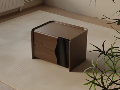 Walnut Wood Bedside Table With Black Vertical Stripes Drawer And Green Plant On Beige Rug 3d model