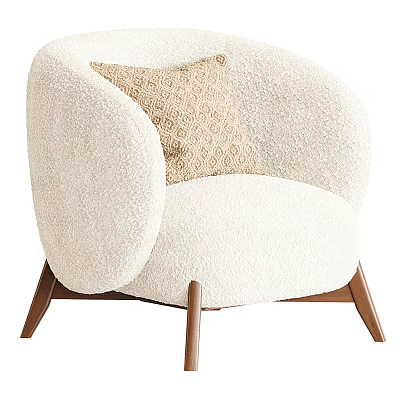Cream Colored Fluffy Single Seater Sofa With Geometric Patterned Cushion And Dark Brown Wooden Legs 3d model