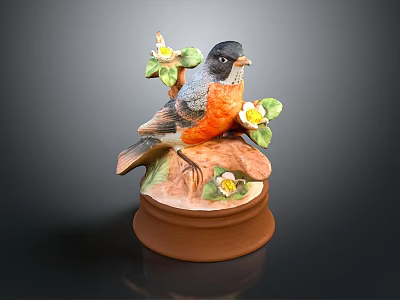 Ceramic Bird Figurine Featuring Black Head Orange Chest Green Leaves White Flowers And Brown Base 3d model