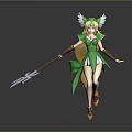Game and Movie Character in Dynamic Pose Green Outfit With Wings Blonde Hair and Spear