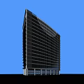Modern Office Building With Curved Facade And Horizontal Lines Featuring Multiple Floors And Roof Structures