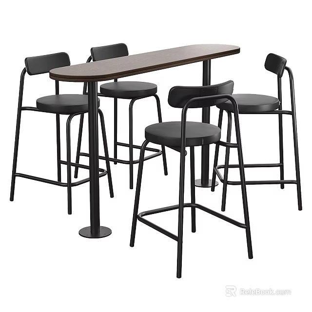 Modern Long Bar Table and Four Black Frame Bar Stools Set Design 3d model 