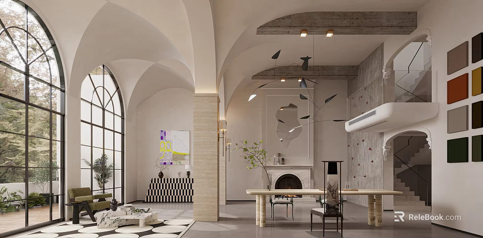 Loft Living Room Interior With Arched Ceilings Large Windows And Modern Decor 3d model 
