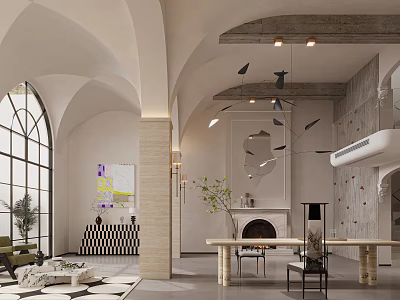Loft Living Room Interior With Arched Ceilings Large Windows And Modern Decor 3d model