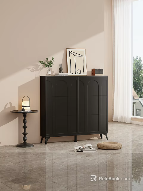 Modern Black Shoe Cabinet In Living Room Interior With Green Plant And Wall Art 3d model 