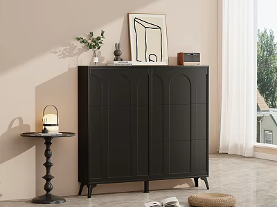 Modern Black Shoe Cabinet In Living Room Interior With Green Plant And Wall Art 3d model