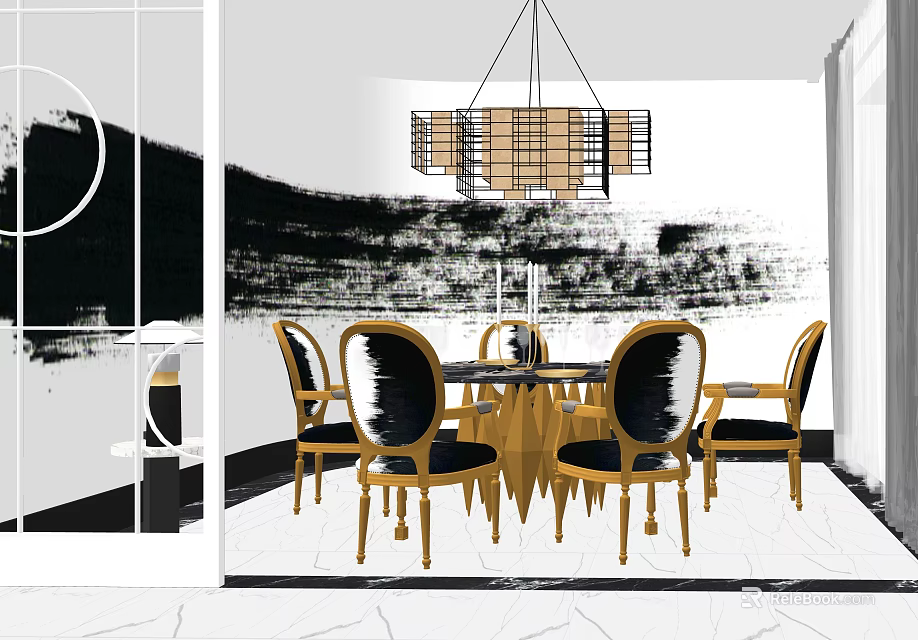 Modern Dining Table Set With Gold Leg Chairs And Hanging Chandelier On Marble Floor 3d model 