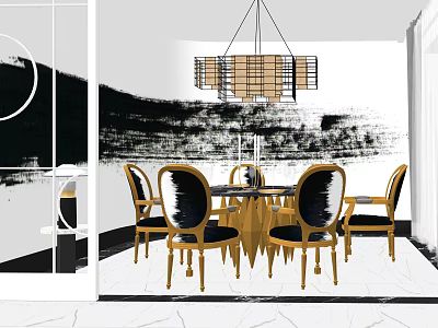 Modern Dining Table Set With Gold Leg Chairs And Hanging Chandelier On Marble Floor 3d model