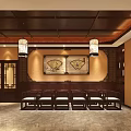 Traditional Chinese Medicine Store Interior With Wooden Shelves And Hanging Lanterns
