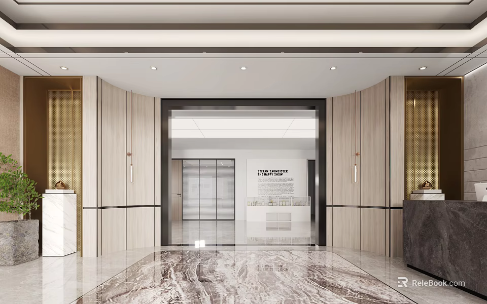 Elegant Modern Front Desk Reception Area With Marble Floor Wooden Walls And Glass Door 3d model 