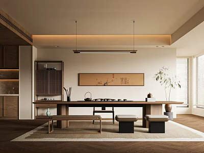 Japanese Tea Room Interior Design With Wooden Table Cushions Wall Painting And Potted Plant 3d model