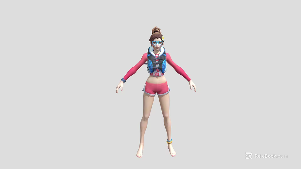 Woman In Red Long Sleeve Top Blue Vest Pink Shorts And Brown Hat 3d model 