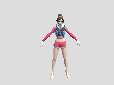 Woman In Red Long Sleeve Top Blue Vest Pink Shorts And Brown Hat 3d model