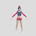 Woman In Red Long Sleeve Top Blue Vest Pink Shorts And Brown Hat