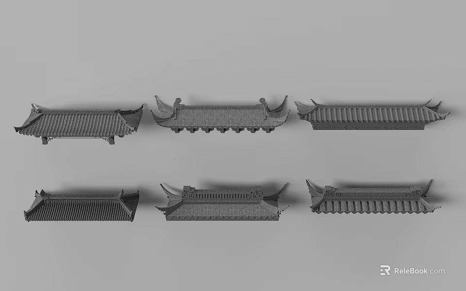 Traditional Chinese Architectural Components Featuring Various Roof Eaves And Tile Details 3d model 