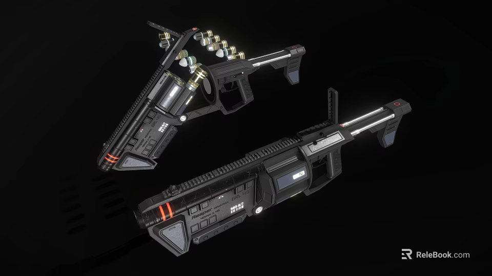 Futuristic Black Guns With Metallic Structure LED Lights Sleek Design And Ammunition 3d model 