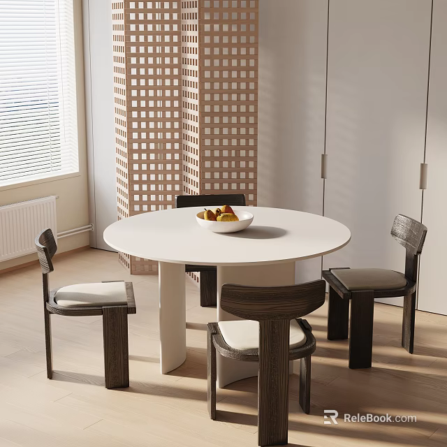 Modern Round Dining Table Set With White Top Four Wooden Chairs And Fruit Bowl 3d model 