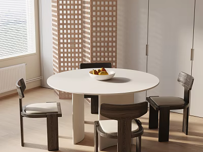 Modern Round Dining Table Set With White Top Four Wooden Chairs And Fruit Bowl 3d model