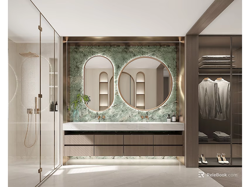 Modern Luxury Bathroom Interior With Double Round Mirrors Marble Wall 3d model 