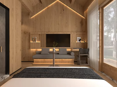 Cozy B&B Guest Room With Wooden Walls Ambient Lighting And Large Window 3d model