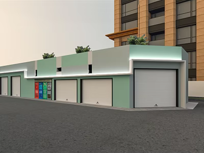 Light Green Commercial Building With White Roller Doors Roof Plants And High Rise Adjacent 3d model