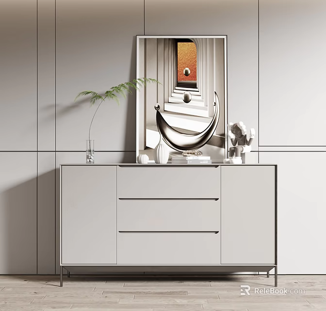 Modern White Entryway Cabinet Console Table With Drawers Decorative Mirror And Metal Legs 3d model 