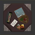 Decorative Household Items On Wooden Table With Colorful Photo Frame Decorative Box And Greeting Card