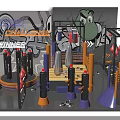 Graffiti Decorated Indoor Activity Space With Colorful Pillars Wooden Platform And Cartoon Wall Art