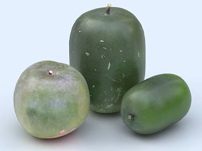 Three Fresh Green Vegetables Featuring Round and Oval Shapes Together 3d model