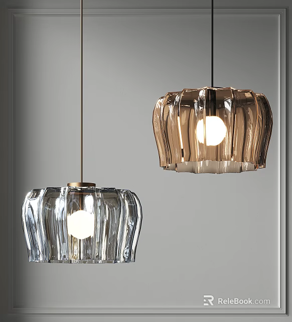 Modern Petal Shaped Pendant Lights With Transparent Brown Glass Illuminated Bulbs On Gray Wall Background 3d model 