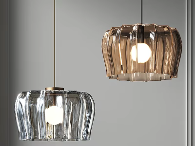 Modern Petal Shaped Pendant Lights With Transparent Brown Glass Illuminated Bulbs On Gray Wall Background 3d model