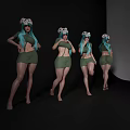 3D Rendered Woman With Turquoise Long Hair Sheep Horn Headpiece Green Short Skirt Different Poses
