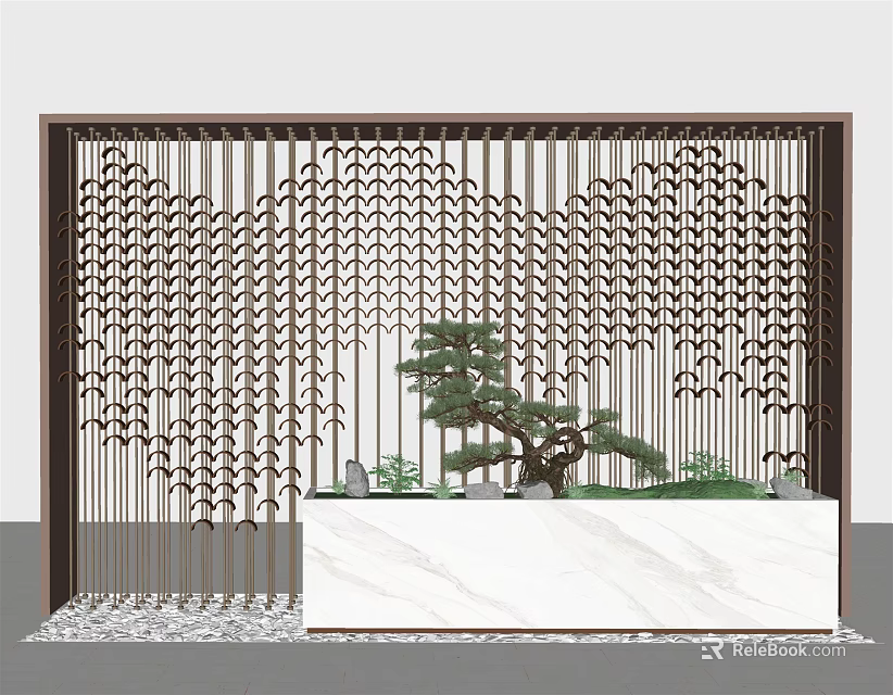 Modern Room Divider With Wavy Pattern Design Bonsai Tree On Marble Countertop Base 3d model