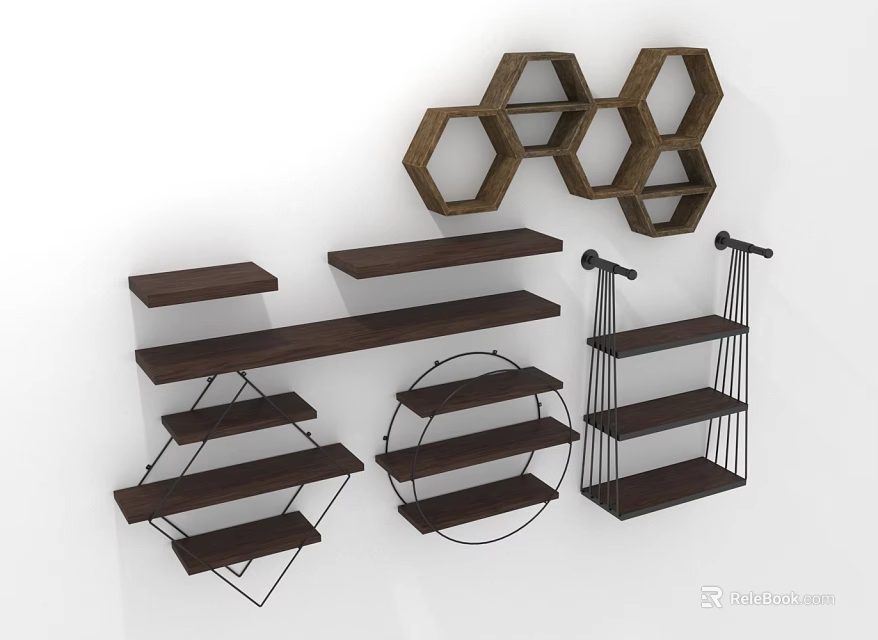 Stylish Wooden And Metal Wall Shelves Featuring Hexagonal Rectangular Circular Designs 3d model 