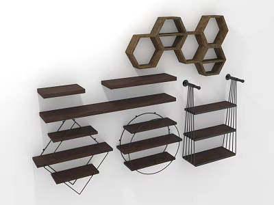 Stylish Wooden And Metal Wall Shelves Featuring Hexagonal Rectangular Circular Designs 3d model