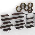 Stylish Wooden And Metal Wall Shelves Featuring Hexagonal Rectangular Circular Designs 3d model