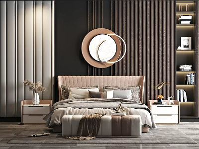 Modern Double Bed Interior With Upholstered Headboard Round Mirror And Wooden Slat Wall Background 3d model