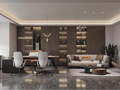 Modern Office Interior Design With Desk Chairs Sofa Wooden Bookshelves Pendant Lights And Green Plant 3d model