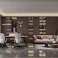Modern Office Interior Design With Desk Chairs Sofa Wooden Bookshelves Pendant Lights And Green Plant