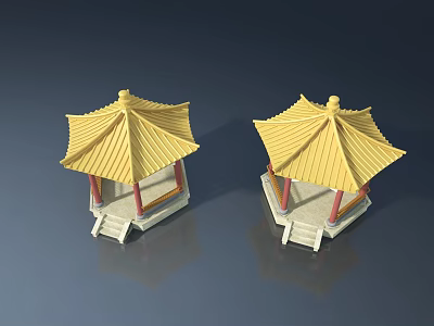 Traditional Pavilion with Yellow Roof Red Pillars Steps and Hinged Door Design 3d model